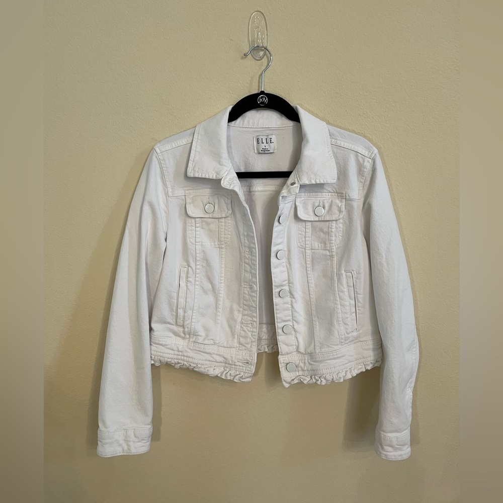 Elle White Denim Jean Jacket with Ruffles Coastal Casual Summer Size S